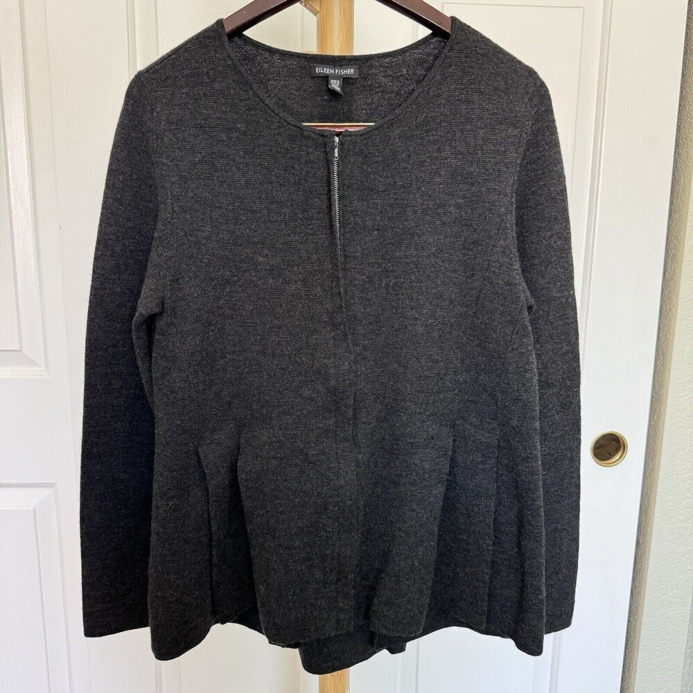 Eileen Fisher Women Zip Up Cardigan Jacket L Merino Wool Pleated Hem Preppy